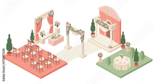 Elegant isometric wedding ceremony setup with floral decorations