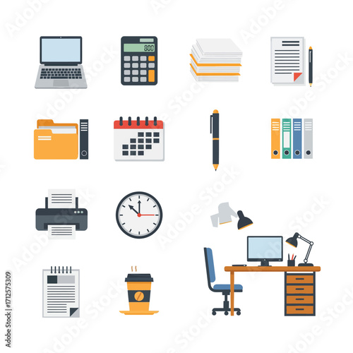 Office supplies displayed neatly on white surface representing productivity and organization in modern workplace, conveying efficiency and professionalism.