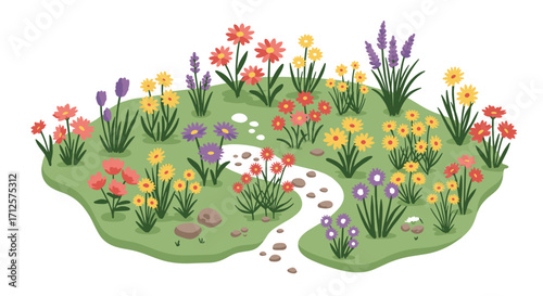 Vibrant garden oasis with colorful wildflowers and path on a sunny day
