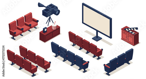 Isometric cinema setup with seats, projector, and screen for modern theater design