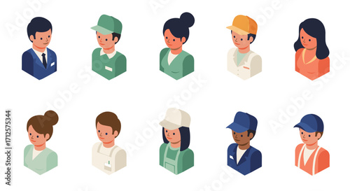 Isometric avatars of diverse occupations with varied uniforms and styles