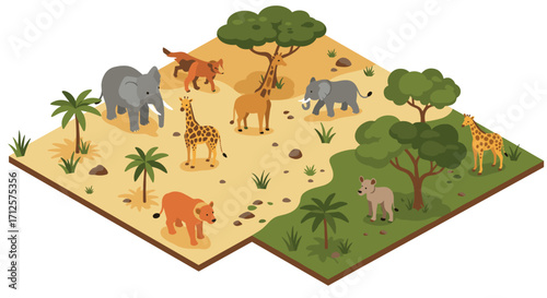 Isometric safari scene with wild animals in a natural habitat