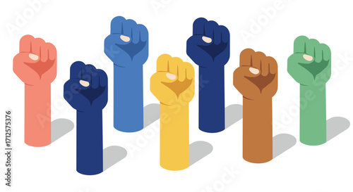 Colorful raised fists in isometric design representing unity and diversity