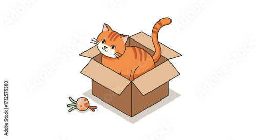 Cute cartoon cat sitting in a cardboard box with toy on white background