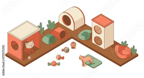 Cozy cat playground with modern isometric design and playful elements