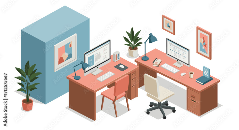 Fototapeta premium Modern office workspace with computers and plants in isometric design