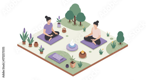Isometric meditation in nature scene with yoga practitioners and plants