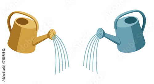 Colorful watering cans with flowing water in minimalist style