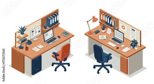Modern office workspace with dual desk setup and stylish accessories in isometric design