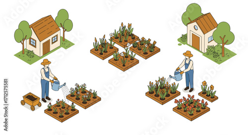 Gardening scene with people watering plants and garden beds in isometric style