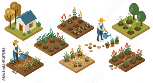 Isometric urban gardening scene with farmer and flower beds