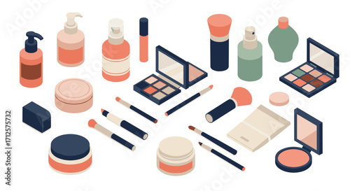 Isometric cosmetic products on white background: makeup essentials display