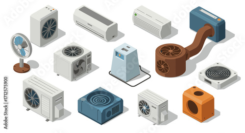 Modern isometric air conditioning units and fans collection for cooling solutions