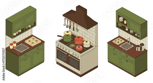 Isometric kitchen set with green cabinets and modern appliances