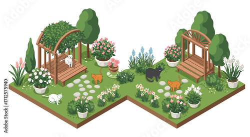 Tranquil garden with cats exploring pavilion and blossoming flowers