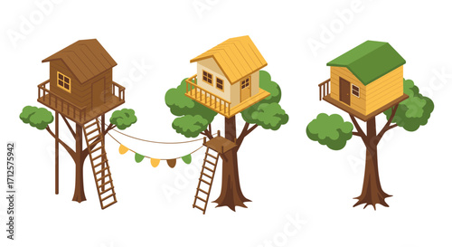Charming treehouses in cartoon style with greenery and wooden ladders