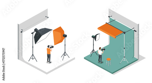 Isometric photography studio setup with equipment and photographers