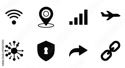 Vector art of collection of black glyph icons representing various symbols such as wifi, location, signal, airplane