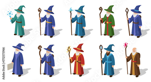 Isometric wizards in colorful robes holding magical staffs on white background