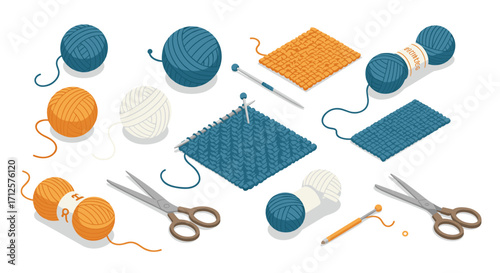 Cozy knitting elements with yarn balls, needles, and scissors on white background