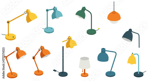 Colorful isometric desk and floor lamps collection for modern interior design