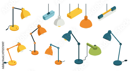 Variety of modern isometric desk and ceiling lamps in vibrant colors