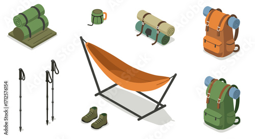 Isometric camping gear set with backpack, tent, and essentials for outdoor adventures