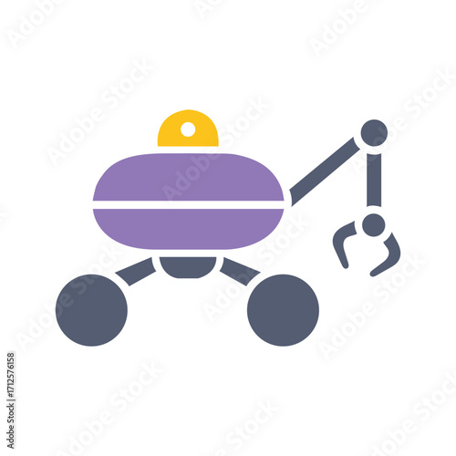 Isolated purple robotic vehicle moves with claw arm on a white background