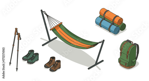 Outdoor adventure gear in isometric style with hiking boots and camping equipment