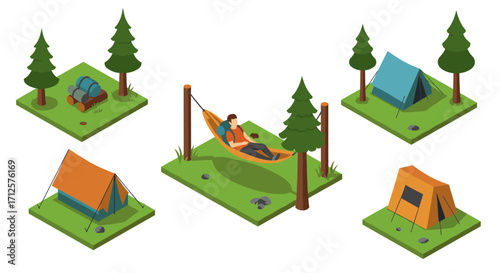 Isometric outdoor camping setup with tents, hammock, and pine trees