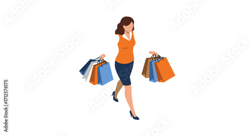 Woman shopping with multiple bags in isometric style: fashionable retail therapy scene