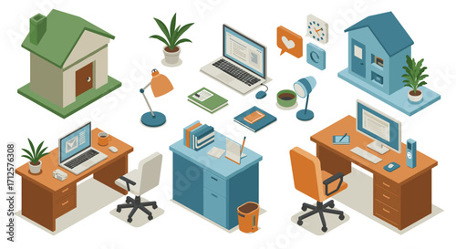 Isometric office and home workspace elements with computers and furniture