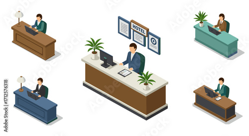Hotel reception desk with employees in isometric style