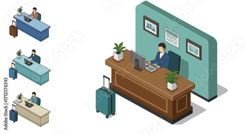 Isometric office travel scene with businessman at desk and suitcase in multiple color variations