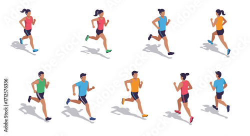 Isometric runners in dynamic poses highlighting athletic movement in sports