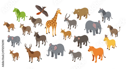 Colorful isometric animals in a diverse wildlife collection