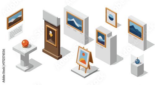 Isometric art gallery exhibits with modern paintings and sculptures