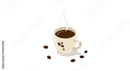 Isometric coffee cup with aromatic steam and coffee beans