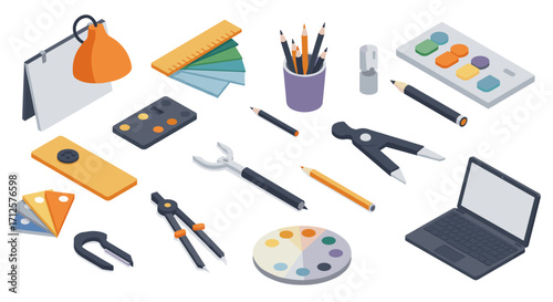 Creative office supplies isometric design: essential tools for artists and designers