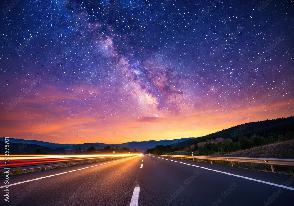 Fototapeta premium Asphalt Road Under the Starry Night Sky with Car Trails and Scenic Mountain View