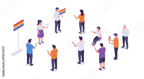 Isometric people engaged in group discussion at pride event