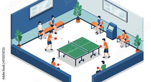 Isometric indoor ping pong game room with active players and modern design