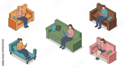 Isometric people reading books on colorful sofas in relaxing poses