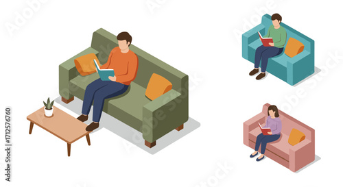 Isometric people reading on sofas with books and pillows in relaxing home setting