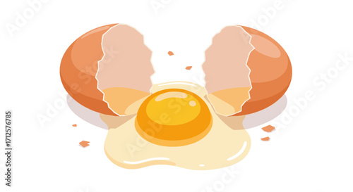 Realistic broken egg with yolk and shell fragments on white background