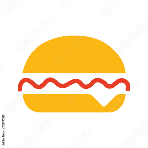 Stylized yellow burger icon shows mayonnaise and ketchup on the white background
