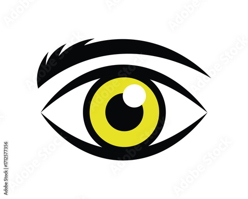 Stylized eye with yellow iris and black outline stares forward on white background