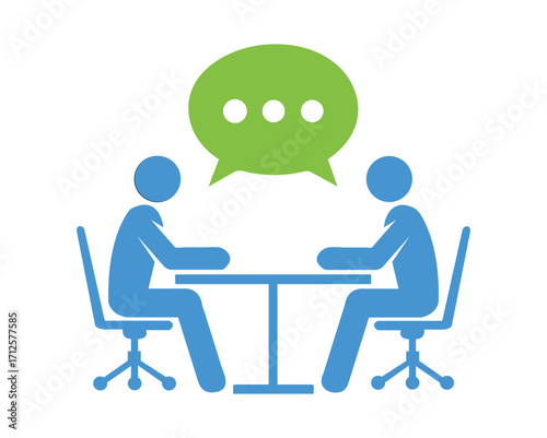 Two blue figures converse under green speech bubble at a table on white background