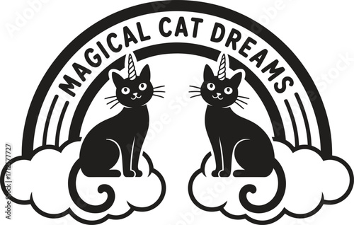 Two black cats sitting on clouds under a rainbow with magical cat dreams text