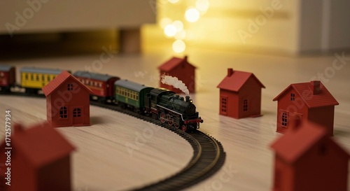 Miniature toy train set and red toy buildings, sitting on a simple wood flooring, faint light in the background, warm yellow tones